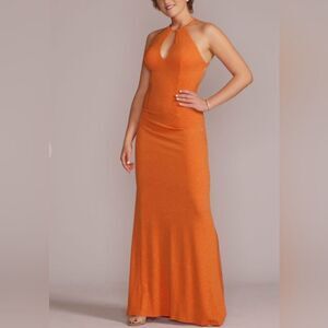 Jules and Cleo Orange Glitter Knit Halter Sheath Keyhole Maxi Dress